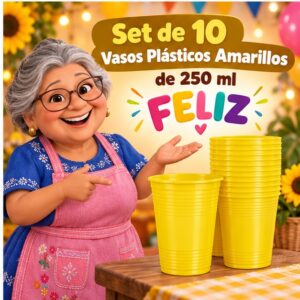 RI-0009317 Set de 10 Vasos Plásticos Amarillos de 250 ml Feliz