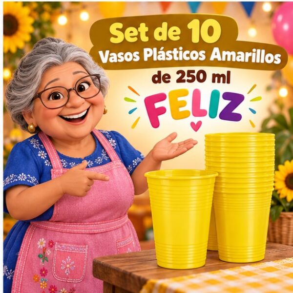 RI-0009317 Set de 10 Vasos Plásticos Amarillos de 250 ml Feliz