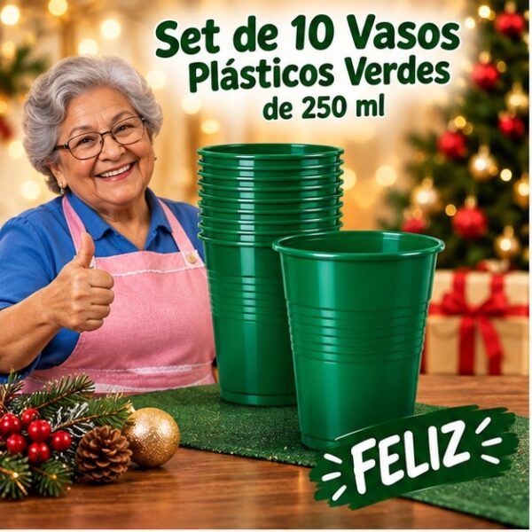RI-0009318 Set de 10 Vasos Plásticos Verdes de 250 ml Feliz