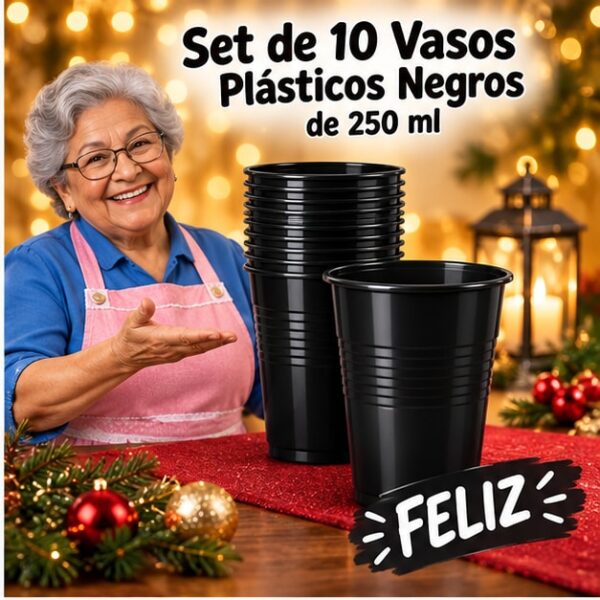 RI-0009319 Set de 10 Vasos Plásticos Negros de 250 ml Feliz