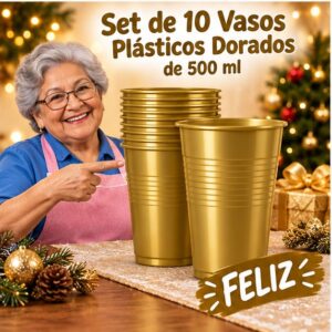 RI-0009320 Set de 10 Vasos Plásticos Dorados de 500 ml Feliz