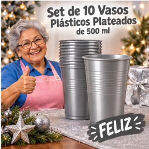 RI-0009321 Set de 10 Vasos Plásticos Plateados de 500 ml Feliz