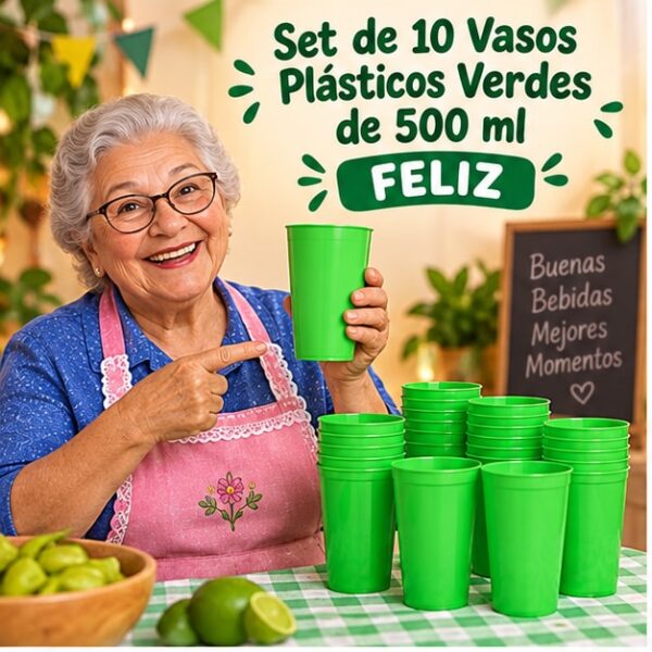 RI-0009322 Set de 10 Vasos Plásticos Verdes de 500 ml Feliz