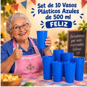RI-0009323 Set de 10 Vasos Plásticos Azules de 500 ml Feliz
