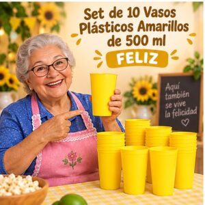 RI-0009324 Set de 10 Vasos Plásticos Amarillos de 500 ml Feliz