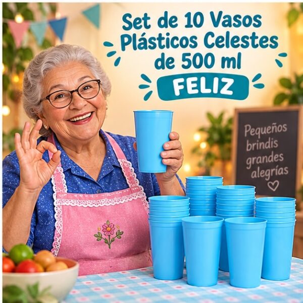 RI-0009325 Set de 10 Vasos Plásticos Celestes de 500 ml Feliz