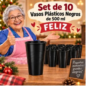 RI-0009326 Set de 10 Vasos Plásticos Negros de 500 ml Feliz