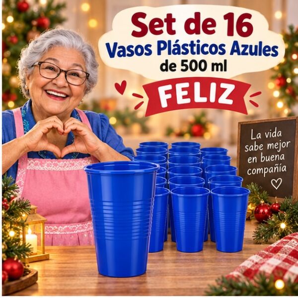 RI-0009327 Set de 16 Vasos Plásticos Azules de 500 ml Feliz