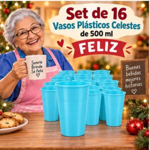 RI-0009328 Set de 16 Vasos Plásticos Celestes de 500 ml Feliz