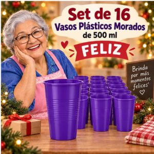 RI-0009329 Set de 16 Vasos Plásticos Morados de 500 ml Feliz