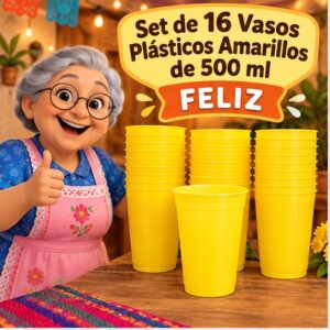 RI-0009330 Set de 16 Vasos Plásticos Amarillos de 500 ml Feliz