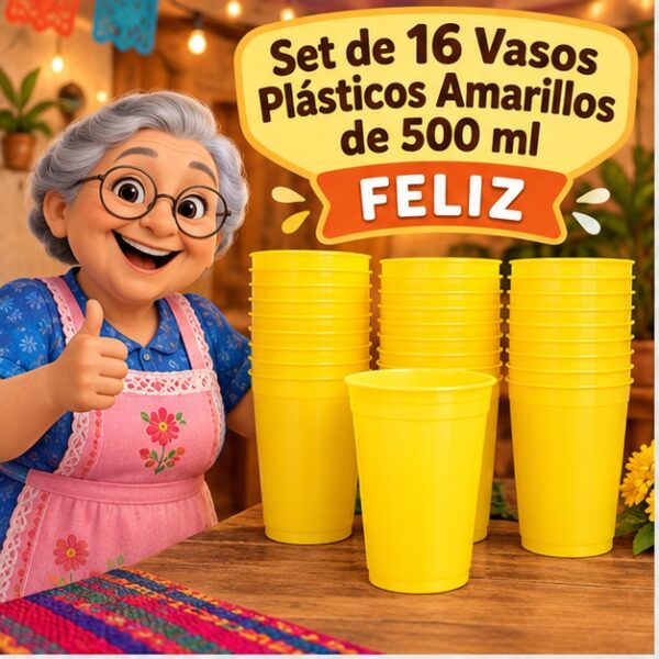 RI-0009330 Set de 16 Vasos Plásticos Amarillos de 500 ml Feliz