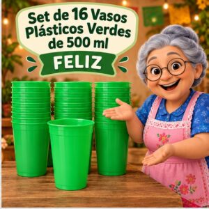 RI-0009331 Set de 16 Vasos Plásticos Verdes de 500 ml Feliz