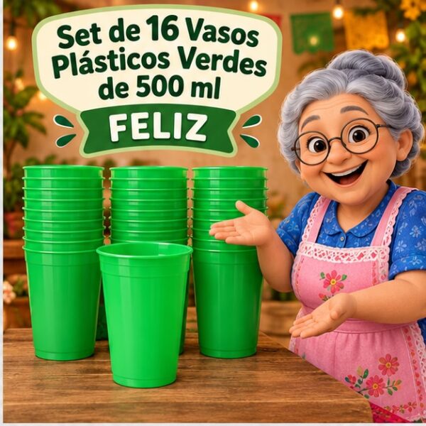 RI-0009331 Set de 16 Vasos Plásticos Verdes de 500 ml Feliz