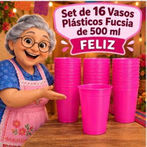 RI-0009332 Set de 16 Vasos Plásticos Fucsia de 500 ml Feliz