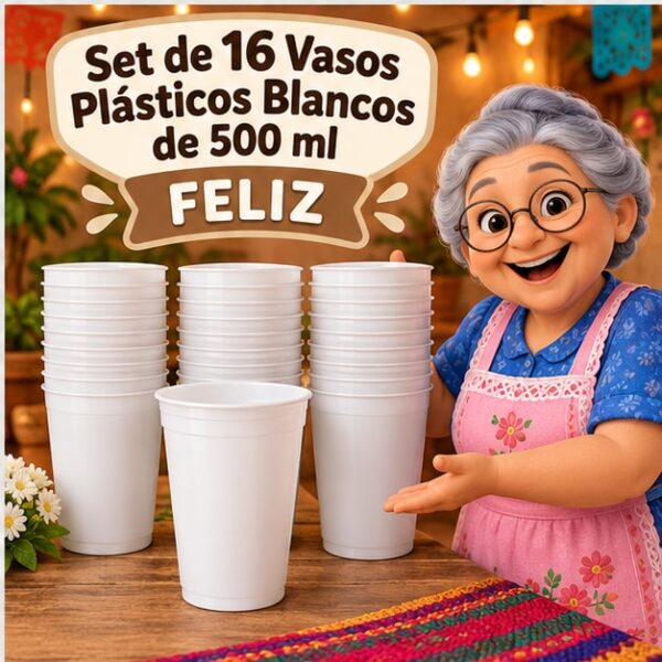 RI-0009333 Set de 16 Vasos Plásticos Blancos de 500 ml Feliz