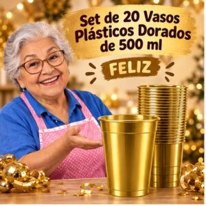 RI-0009334 Set de 20 Vasos Plásticos Dorados de 500 ml Feliz