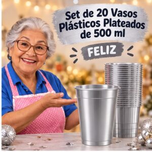 RI-0009335 Set de 20 Vasos Plásticos Plateados de 500 ml Feliz
