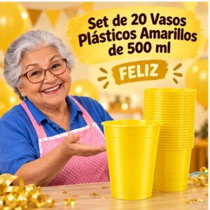 RI-0009336 Set de 20 Vasos Plásticos Amarillos de 500 ml Feliz