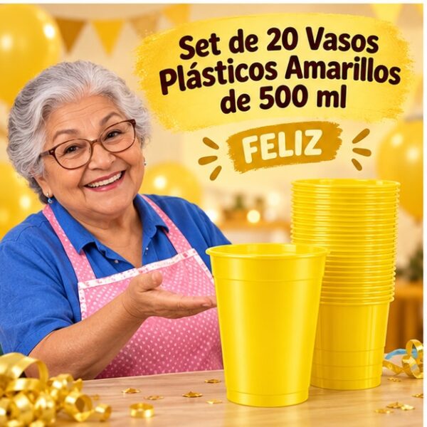 RI-0009336 Set de 20 Vasos Plásticos Amarillos de 500 ml Feliz
