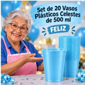 RI-0009337 Set de 20 Vasos Plásticos Celestes de 500 ml Feliz