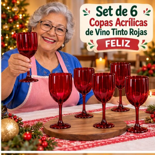 RI-0009339 Set de 6 Copas Acrílicas de Vino Tinto Rojas Feliz