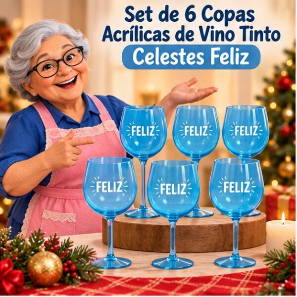 RI-0009342 Set de 6 Copas Acrílicas de Vino Tinto Celestes Feliz