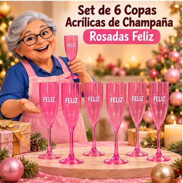 RI-0009344 Set de 6 Copas Acrílicas de Champaña Rosadas Feliz