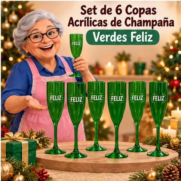 RI-0009345 Set de 6 Copas Acrílicas de Champaña Verdes Feliz