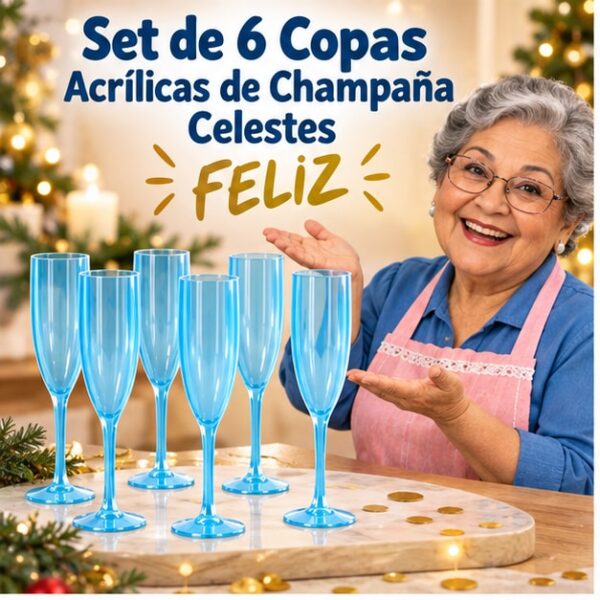 RI-0009346 Set de 6 Copas Acrílicas de Champaña Celestes Feliz