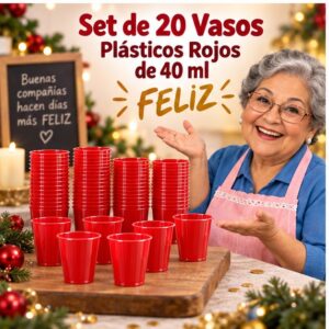 RI-0009348 Set de 20 Vasos Plásticos Rojos de 40 ml Feliz
