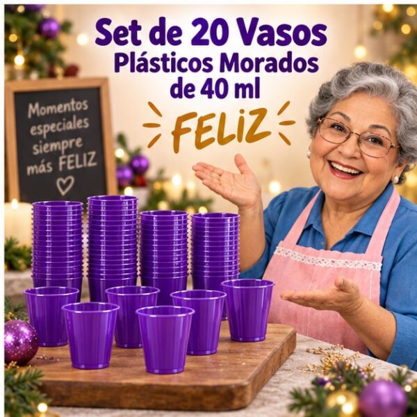 RI-0009349 Set de 20 Vasos Plásticos Morados de 40 ml Feliz