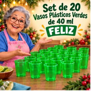 RI-0009350 Set de 20 Vasos Plásticos Verdes de 40 ml Feliz