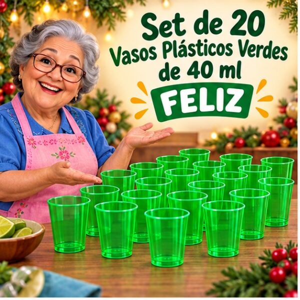 RI-0009350 Set de 20 Vasos Plásticos Verdes de 40 ml Feliz