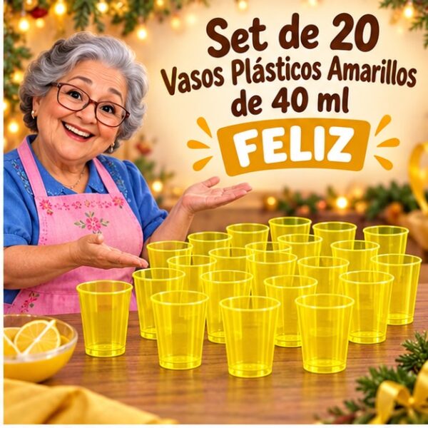 RI-0009351 Set de 20 Vasos Plásticos Amarillos de 40 ml Feliz