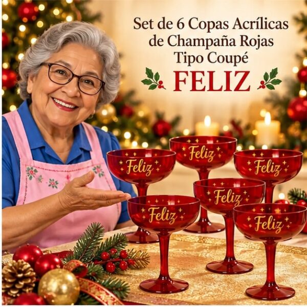 RI-0009359 Set de 6 Copas Acrílicas de Champaña Rojas Tipo Coupé Feliz