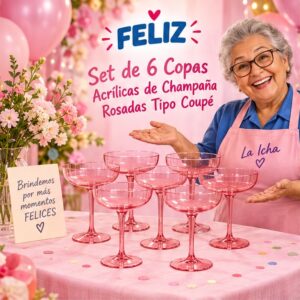 RI-0009360 Set de 6 Copas Acrílicas de Champaña Rosadas Tipo Coupé Feliz