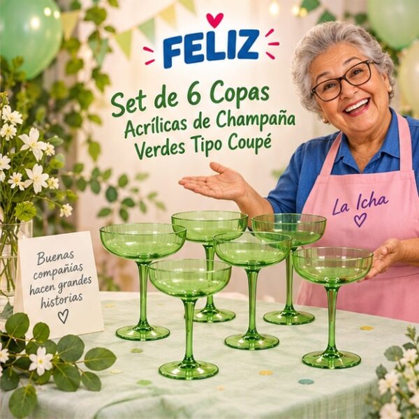 RI-0009361 Set de 6 Copas Acrílicas de Champaña Verdes Tipo Coupé Feliz