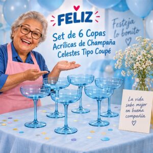 RI-0009362 Set de 6 Copas Acrílicas de Champaña Celestes Tipo Coupé Feliz