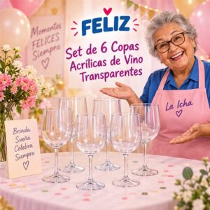 RI-0009363 Set de 6 Copas Acrílicas de Vino Transparentes Feliz