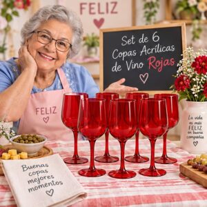 RI-0009364 Set de 6 Copas Acrílicas de Vino Rojas Feliz