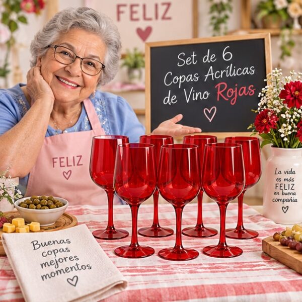 RI-0009364 Set de 6 Copas Acrílicas de Vino Rojas Feliz