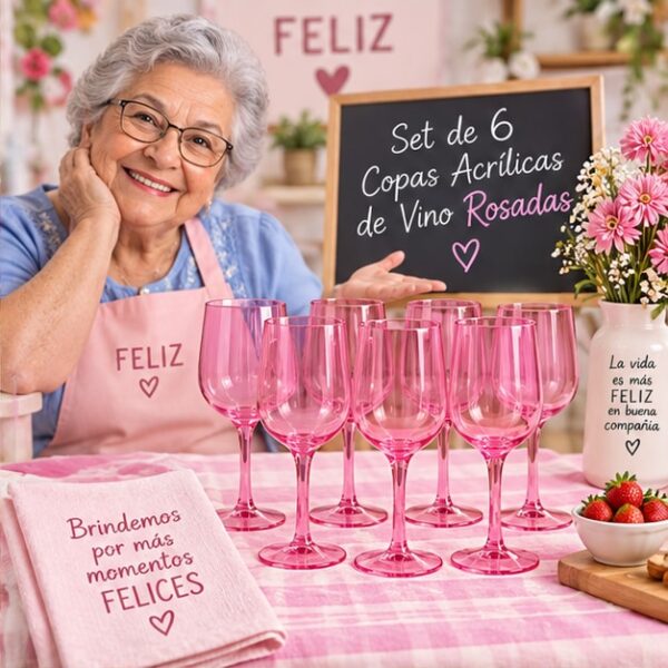 RI-0009365 Set de 6 Copas Acrílicas de Vino Rosadas Feliz