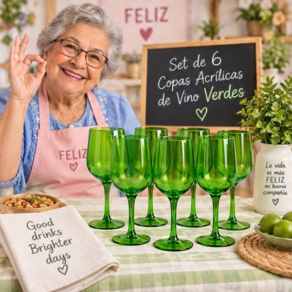 RI-0009366 Set de 6 Copas Acrílicas de Vino Verdes Feliz