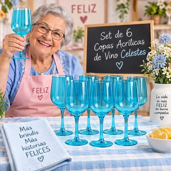 RI-0009367 Set de 6 Copas Acrílicas de Vino Celestes Feliz