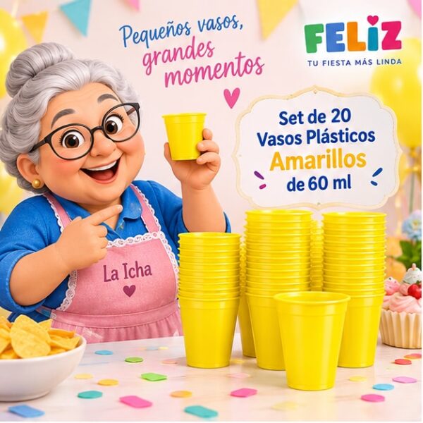 RI-0009368 Set de 20 Vasos Plásticos Amarillos de 60 ml Feliz