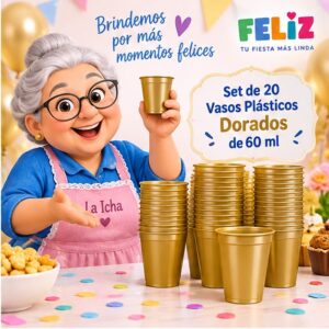 RI-0009369 Set de 20 Vasos Plásticos Dorados de 60 ml Feliz