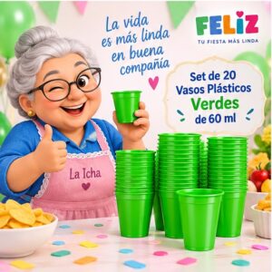 RI-0009370 Set de 20 Vasos Plásticos Verdes de 60 ml Feliz