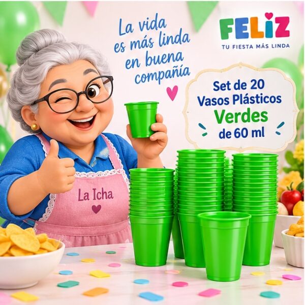 RI-0009370 Set de 20 Vasos Plásticos Verdes de 60 ml Feliz