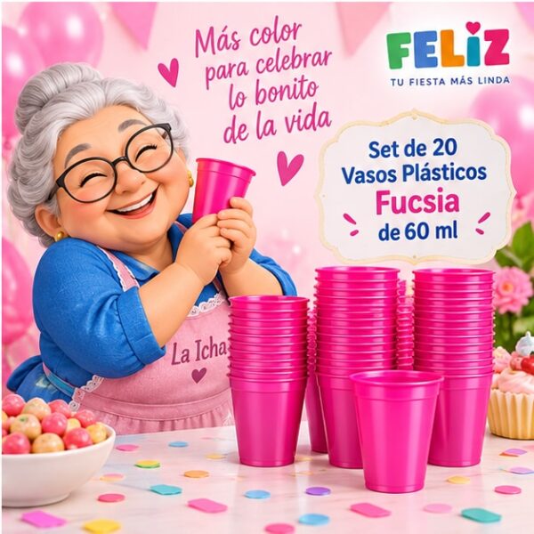 RI-0009371 Set de 20 Vasos Plásticos Fucsia de 60 ml Feliz